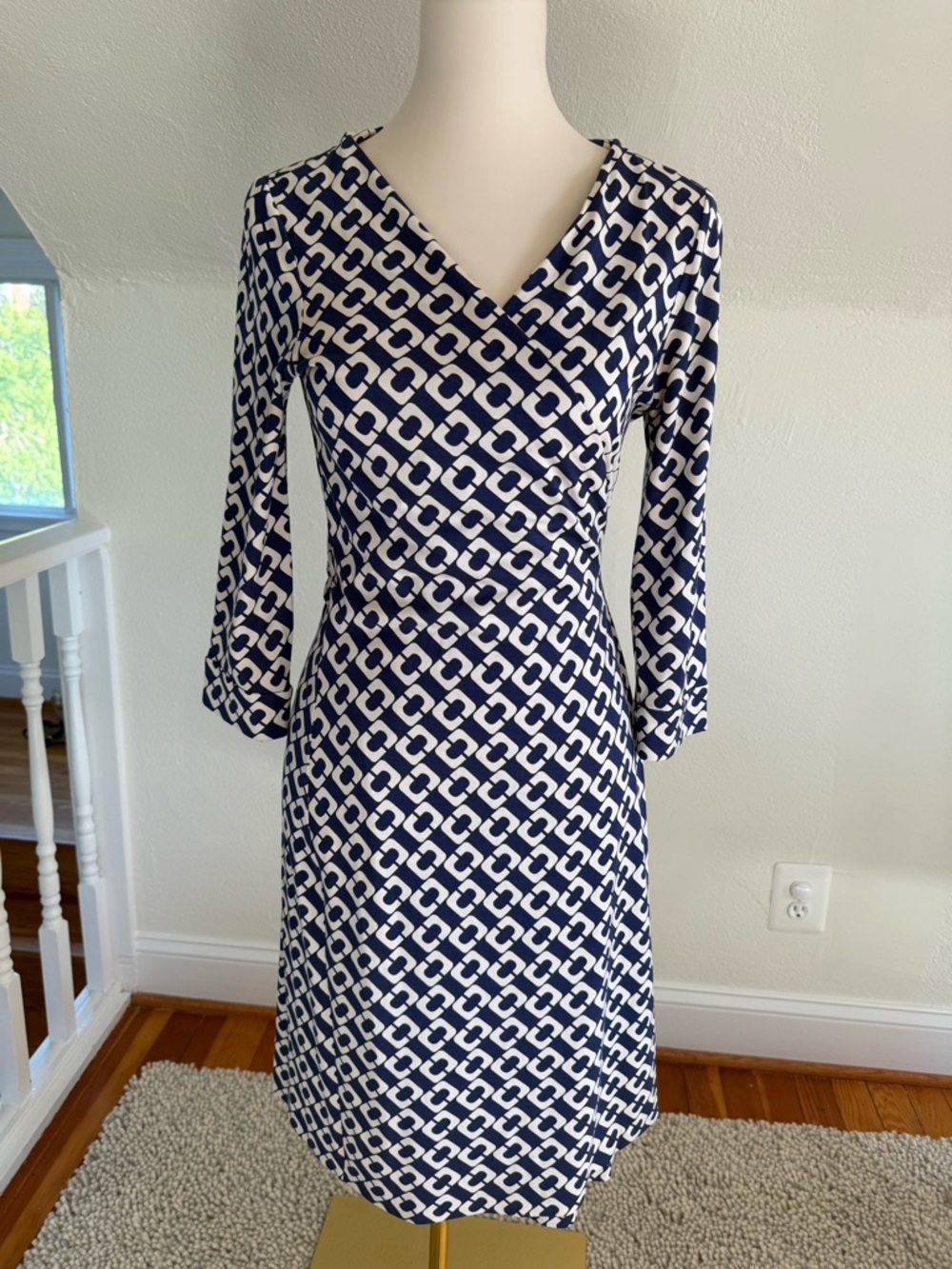 Diane Von Furstenberg Navy and White Geometric Wrap-Style Silk Midi Dress